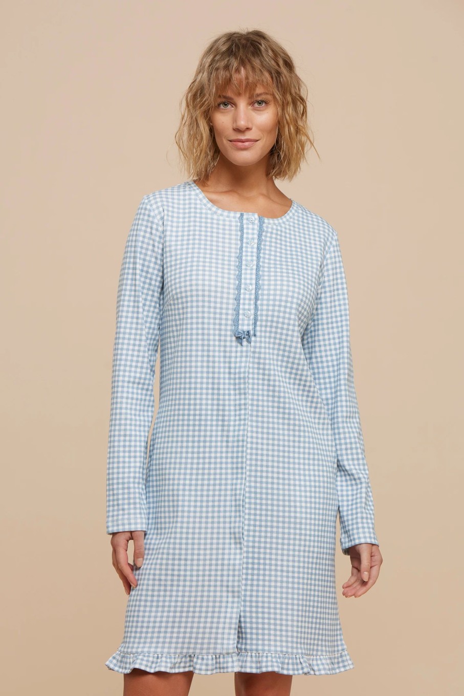 Donna noidinotte | Camicia Da Notte Caldo Cotone Vichy Open